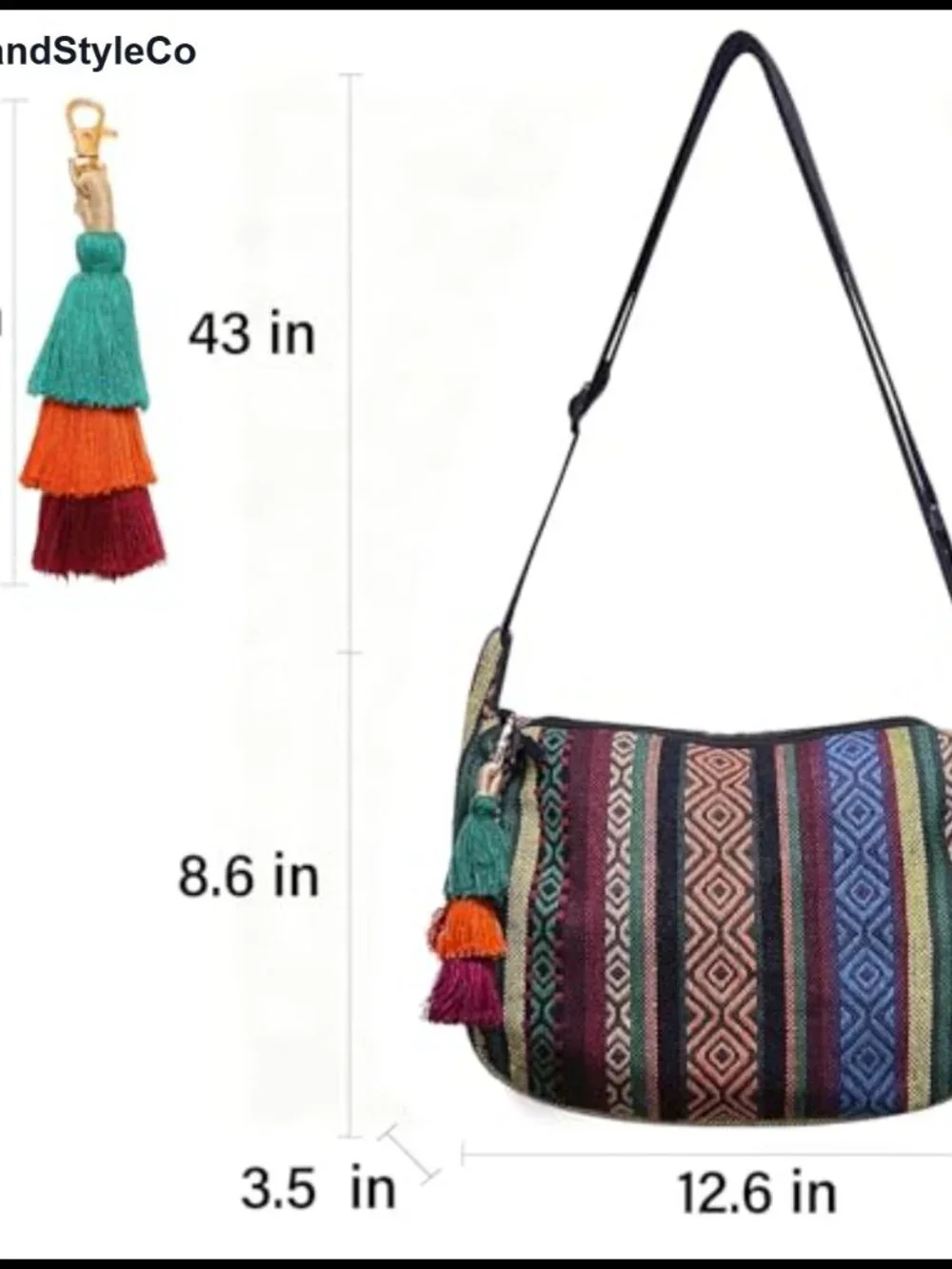 Hippie Crossbody Bag for Women with Tassel Keychain, Adjustable Strap
